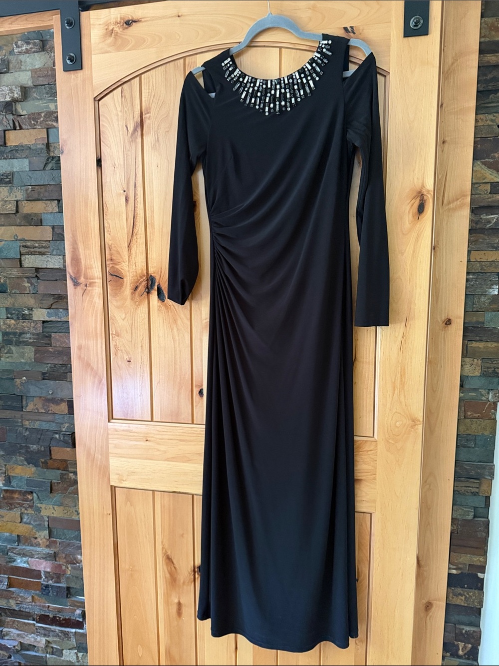 Vince Camuto Black Cold-Shoulder Maxi Dress with Beaded Neckline
